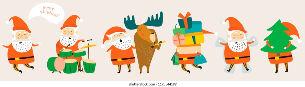 Cute funny Santa Claus in vector set