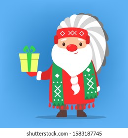 Cute funny Santa Claus wearing national costume of Native Americans. Santa Claus in different countries all over the world. Kinds of traditinoal winter character. Flat vector illustration