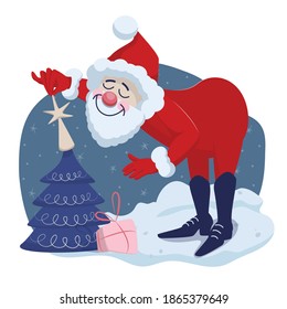 Cute funny santa does the Christmas tree. Vector illustration