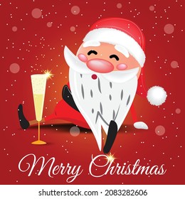 Cute funny Santa sitting and taking a break after hard work and enjoying his champagne. Christmas vector illustration. 