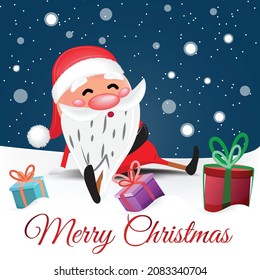 Cute funny Santa sitting and taking a break after hard work. Santa with gift boxes sitting in the snow. Christmas vector illustration. 