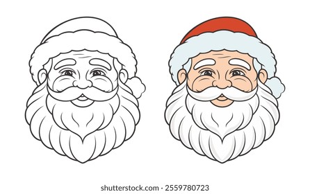 Cute funny Santa's face, linear drawing coloring for kids. Coloring book. Illustration for children.