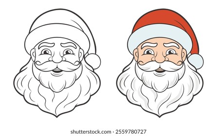 Cute funny Santa's face, linear drawing coloring for kids. Coloring book. Illustration for children.