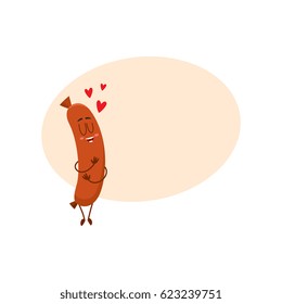 Cute and funny sausage character with human face huging itself, showing love, cartoon vector illustration with space for text. Sausage character, mascot, symbol of love