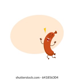 Cute and funny sausage character with human face jumping excitedly, cartoon vector illustration with space for text. Happy, excited sausage character, mascot, exclamation mark