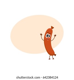 Cute and funny sausage character with human face showing awe, admiring something, cartoon vector illustration with space for text. Sausage character, mascot, looking at something with awe