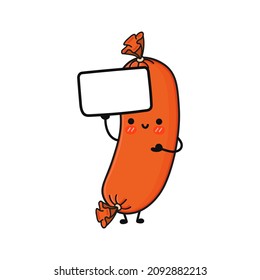 Cute funny sausage with poster. Vector hand drawn cartoon kawaii character illustration icon. Isolated on blue background. Sausage think concept
