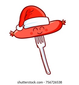 Cute and funny sausage wearing Santa's hat and smiling - vector.