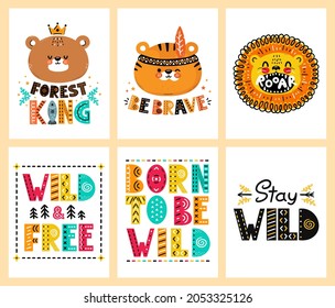 Cute funny scandinavian poster,t-shirt prints set collection.Vector scandinavian style cartoon character illustration.Bear,tiger,lion  character,quote nursery t-shirt,card,poster print set concept
