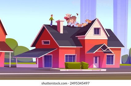 Cute funny scene with teen boy, cow and little calves standing on roof of red suburban house on summer or spring day. Cartoon vector illustration of humor landscape with farm animals and child.