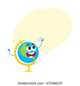 Cute and funny school globe character with smiling human face holding toy paper boat, cartoon vector illustration with space for text. Smiling school globe character, mascot