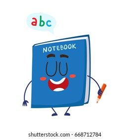 Cute and funny school notebook, notepad character with smiling human face holding a pencil, cartoon vector illustration isolated on white background. Smiling student notebook character, mascot.