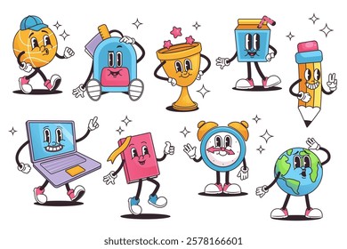 Cute funny school supplies, positive studying accessories colorful cartoon characters rejoicing education isolated set on white. Childish mascot trendy doodle comic personage vector illustration