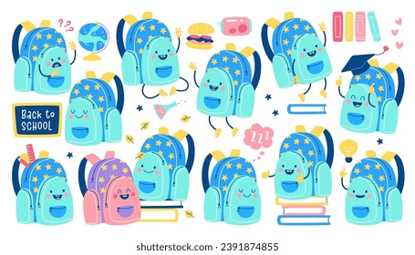 Cute funny schoolbag cartoon characters with different emotion on kawaii face isolated set. Backpacks showing smiling positive expression, puzzled and napping knapsack bags vector illustration