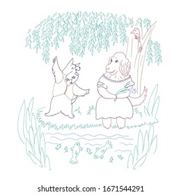 Cute and funny scottish terrier and golden retriver girl . Hand drawn illustration for kids, boys, girls, t-shirt, clothes, games, cards.