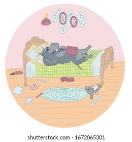 Cute and funny scottish terrier on the bed. Hand drawn illustration for kids, boys, girls, t-shirt, clothes, games, cards.