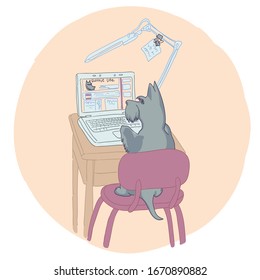 Cute und lustige schottische Schrei arbeiten auf Laptop . Handgezeichnete Illustration für Kinder, Jungen, Mädchen, T-Shirt, Kleidung, Spiele, Karten.