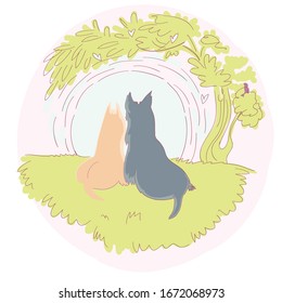 Cute and funny scottish terriers in love . Hand drawn illustration for kids, boys, girls, t-shirt, clothes, games, cards.
