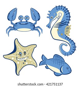 cute funny sea horse, starfish, crab, fish