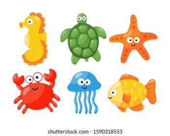 cute funny sea and ocean animals cartoon isolated on white background. illustration vector.  