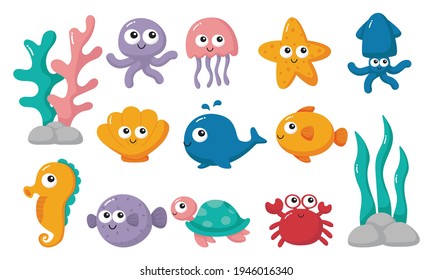 tira cómica de los animales de mar y del océano aislados en fondo blanco. vector de ilustración.  