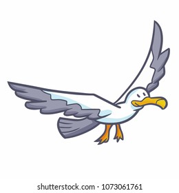 Cute and funny seagull flying and smiling happily - vector.