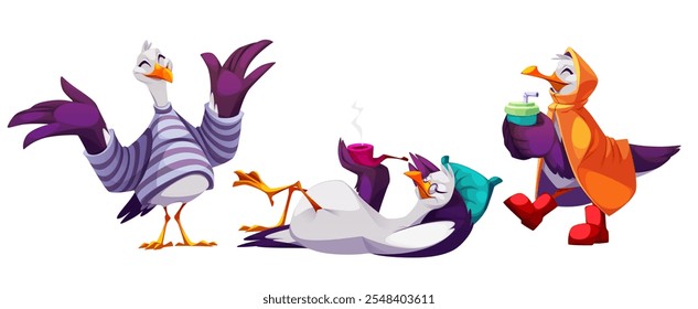 Cute funny seagull mascot cartoon characters with fun faces wearing striped vest, lying down on pillow and relaxing with smoking pipe, dressed in orange raincoat with red rubber boots carrying drink.