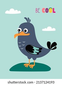 cute and funny seagull on blue background, colored vector illustration in flat cartoon style