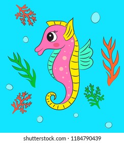 Cute, funny seahorse has big eyes with sketch of corals and moss illustration. emoji, cartoon character, sketch vector