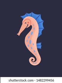 Cute funny seahorse isolated on dark background. Happy marine animal, sea world dweller, adorable underwater creature. Exotic fauna of tropical ocean. Flat cartoon childish vector illustration.