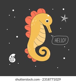 Cute funny seahorse isolated on dark background. Happy marine animal, sea world dweller, adorable underwater creature. Exotic fauna of tropical ocean. Flat cartoon childish vector illustration.