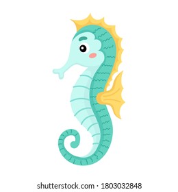 Cute funny seahorse print on white background. Ocean cartoon animal character for design of album, scrapbook, greeting card, invitation, wall decor. Flat colorful vector stock illustration.