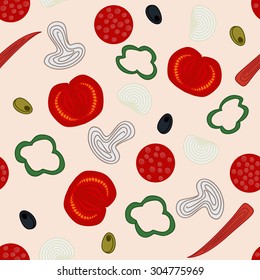 Cute funny seamless background pattern with various pizza ingredients isolated on the dough fond. Vector illustration  eps 10