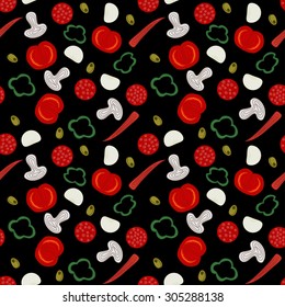 Cute funny seamless background pattern with various pizza ingredients isolated on the black fond. Vector illustration eps 10