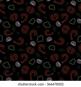 Cute funny seamless background pattern with various contour pizza ingredients isolated on the black fond. Vector illustration eps