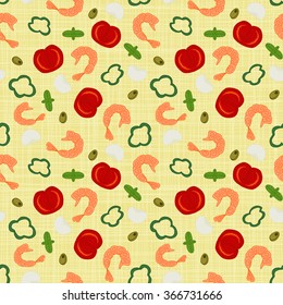 Cute funny seamless background pattern with various pizza ingredients isolated on the canvas fond. Vector illustration eps