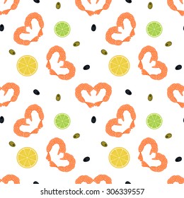 Cute funny seamless background with repeating pattern of shrimp heart, lemon, lime and olives isolated on the white fond. Vector illustration  eps 10