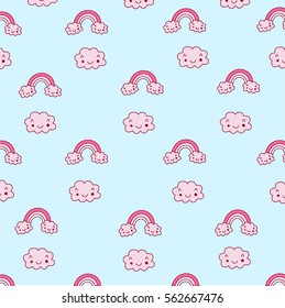 Cute funny seamless cloud and rainbow vector pattern. Design illustration background print