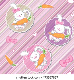 Cute funny seamless pattern with amazing cartoon bunny girls with pink bows, carrots and hearts on pink lines background. 