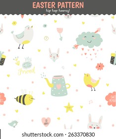 Cute funny seamless pattern with animals, Bunny, hearts, stars, birds, flowers, clouds and chicken. Best for textures, wallpaper, wrapping, scrapbooking. Lovely romantic Spring background in vector