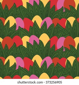 Cute funny seamless pattern background with coloured eggs hidden in green leaves. Easter holiday symbol. Vector illustration eps