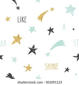 Cute funny seamless pattern background with hand drawn stars and inspirational handwritten quote Shine Like A Star. Glitter, pastel blue and black sparkles isolated on white.