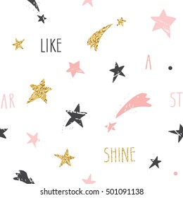 Cute Funny Seamless Pattern Background With Hand Drawn Stars And Inspirational Handwritten Quote Shine Like A Star. Glitter, Pastel Pink And Black Sparkles Isolated On White.