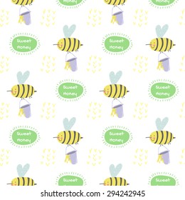 Cute funny seamless pattern with bees and honey. Best for textures, wallpaper, wrapping, scrapbooking. Beautiful romantic summer background vector