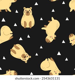 Lindo patrón sin fisuras divertido con capibaras y triángulos sobre un fondo negro en estilo de dibujos animados. Textil, papel de embalaje, diseño de Fondo de pantalla. Fondo de los niños del Vector.