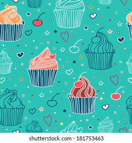 Cute funny seamless pattern with cartoon sweet cupcakes, hearts and cherries. Pattern can be used for surface textures, wallpaper, pattern fills, web page background. 

