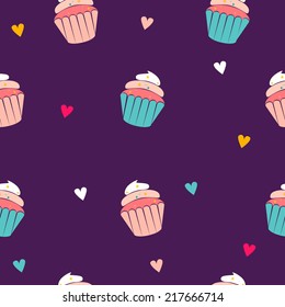 Cute funny seamless pattern with cartoon sweet cupcakes. Pattern can be used for surface textures, wallpaper, pattern fills, web page background. 