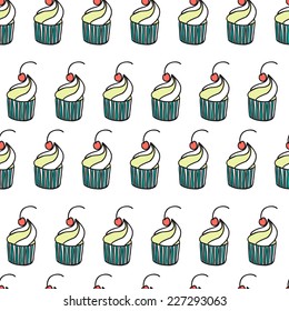 Cute funny seamless pattern with cartoon sweet cupcakes. Pattern can be used for surface textures, wallpaper, pattern fills, web page background. 