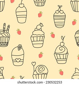Cute funny seamless pattern with cartoon sweet cupcakes. Pattern can be used for surface textures, wallpaper, pattern fills, web page background. 