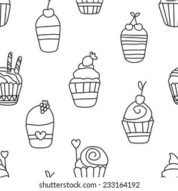 Cute funny seamless pattern with cartoon sweet cupcakes. Pattern can be used for surface textures, wallpaper, pattern fills, web page background. 